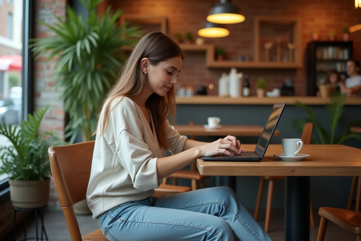 Jeune femme comparant les prix des chaussures Sursell sur un ordinateur portable dans un café
