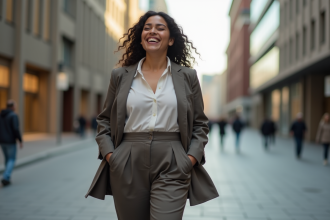Femme confiante en ville portant un blazer et pantalon large
