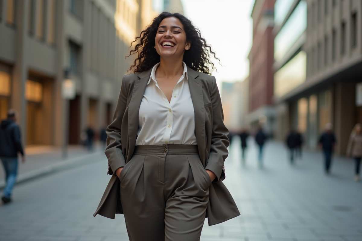 Femme confiante en ville portant un blazer et pantalon large