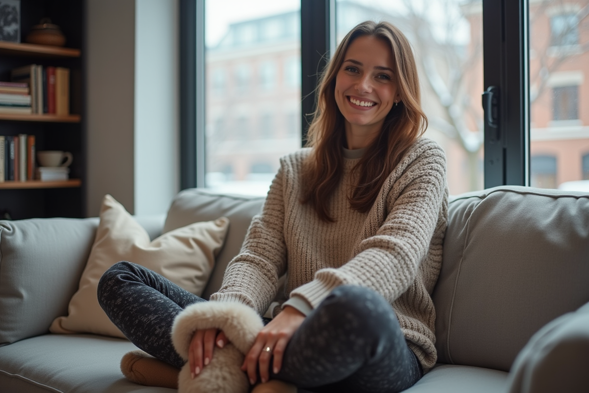 Femme souriante en chaussons en fourrure dans un salon cosy
