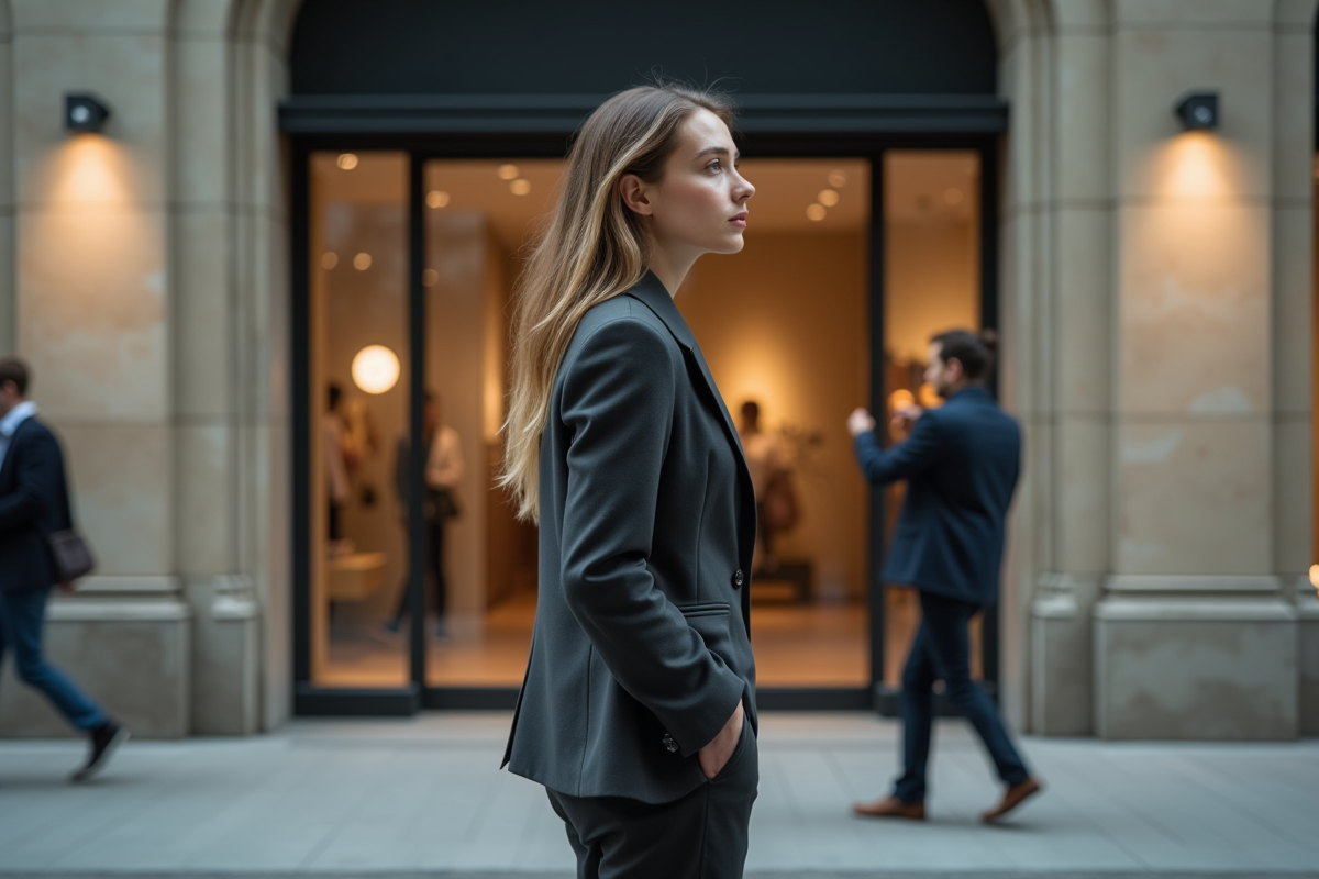 Jeune femme contemplant une vitrine de magasin moderne