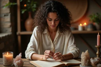 Femme tenant une croix ankh dorée lors d'une pratique de loi de l'attraction avec cristaux et journal