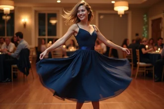 Femme en robe bleue tournant sur la piste de danse