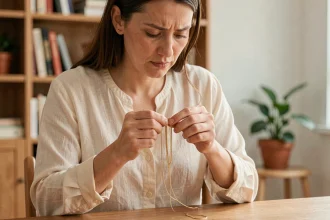Femme qui démêle un collier en or emmêlé posé sur un bureau en bois, symbolisant les blocages spirituels intérieurs