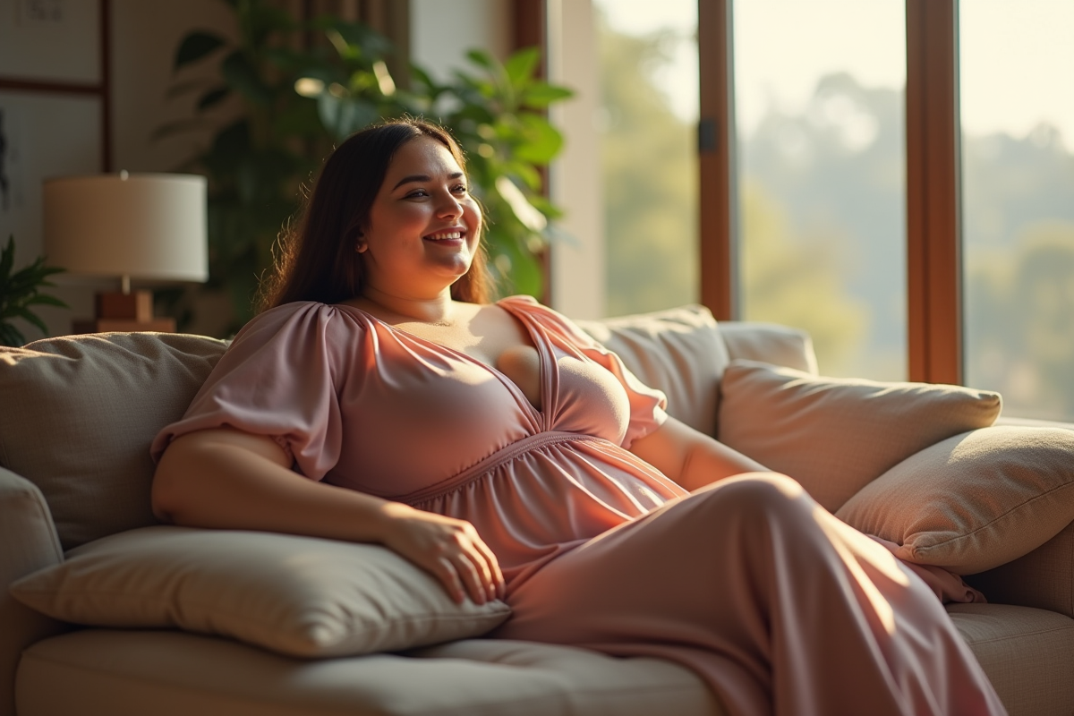 Femme assise dans un salon cosy portant une robe fluide