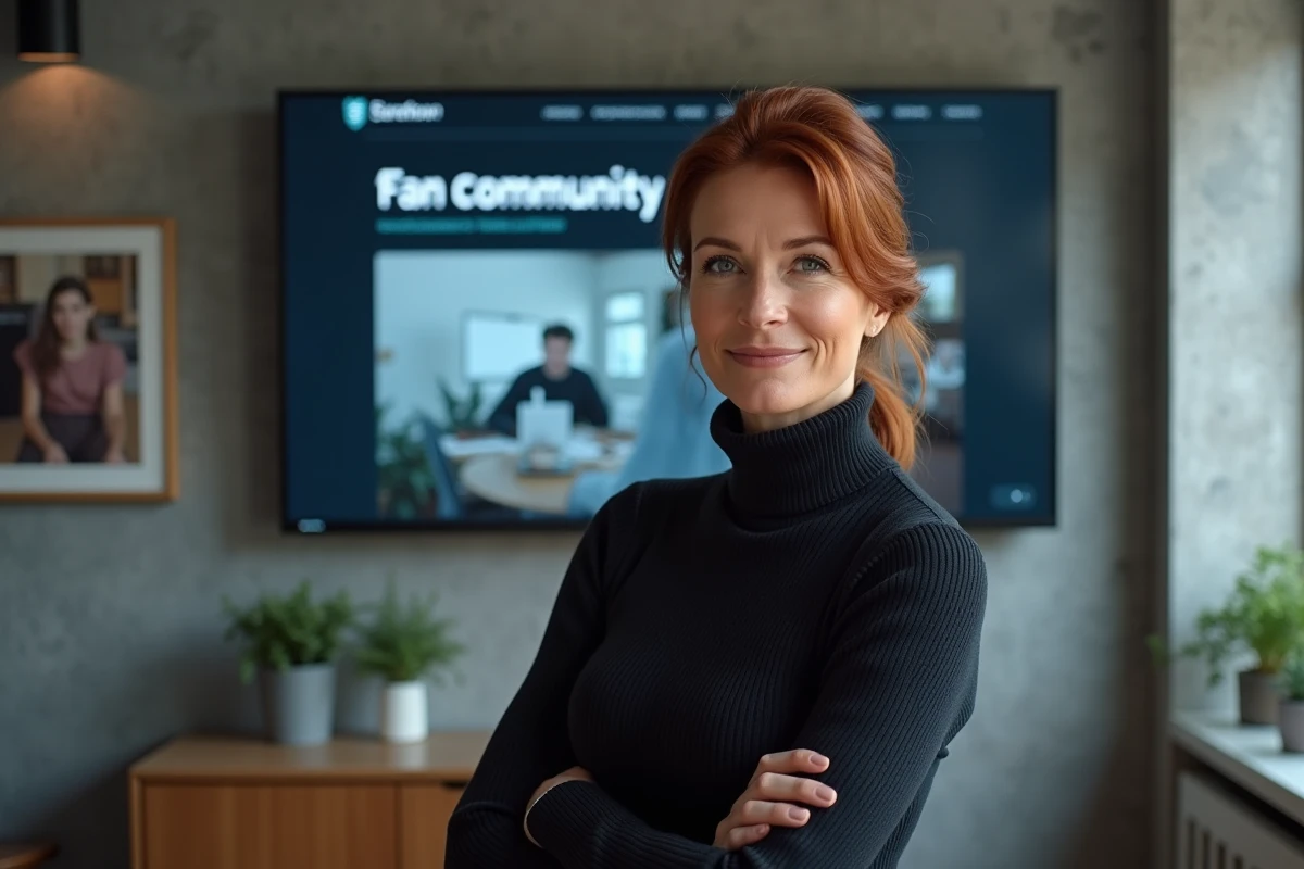 Femme devant un grand écran affichant une page d'accueil de site communautaire de fans