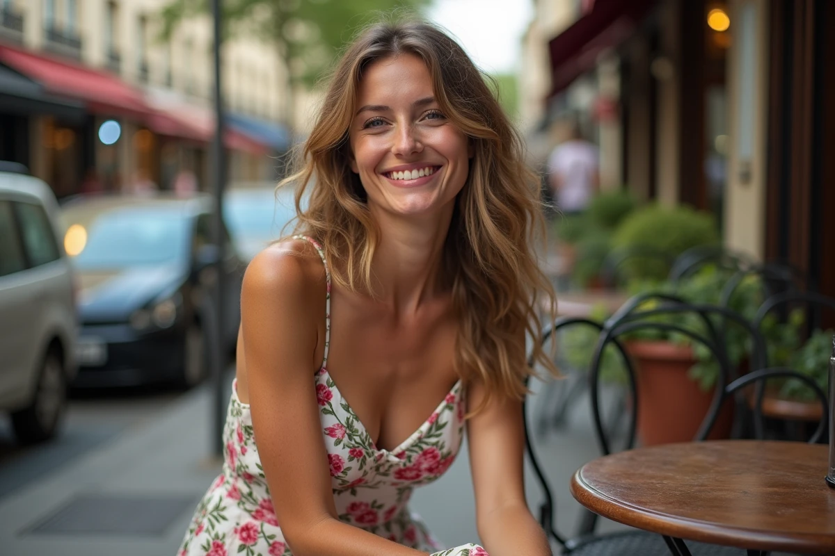 Jeune femme épanouie en robe fleurie assise en terrasse à Paris, symbolisant la confiance en soi et l'image corporelle positive