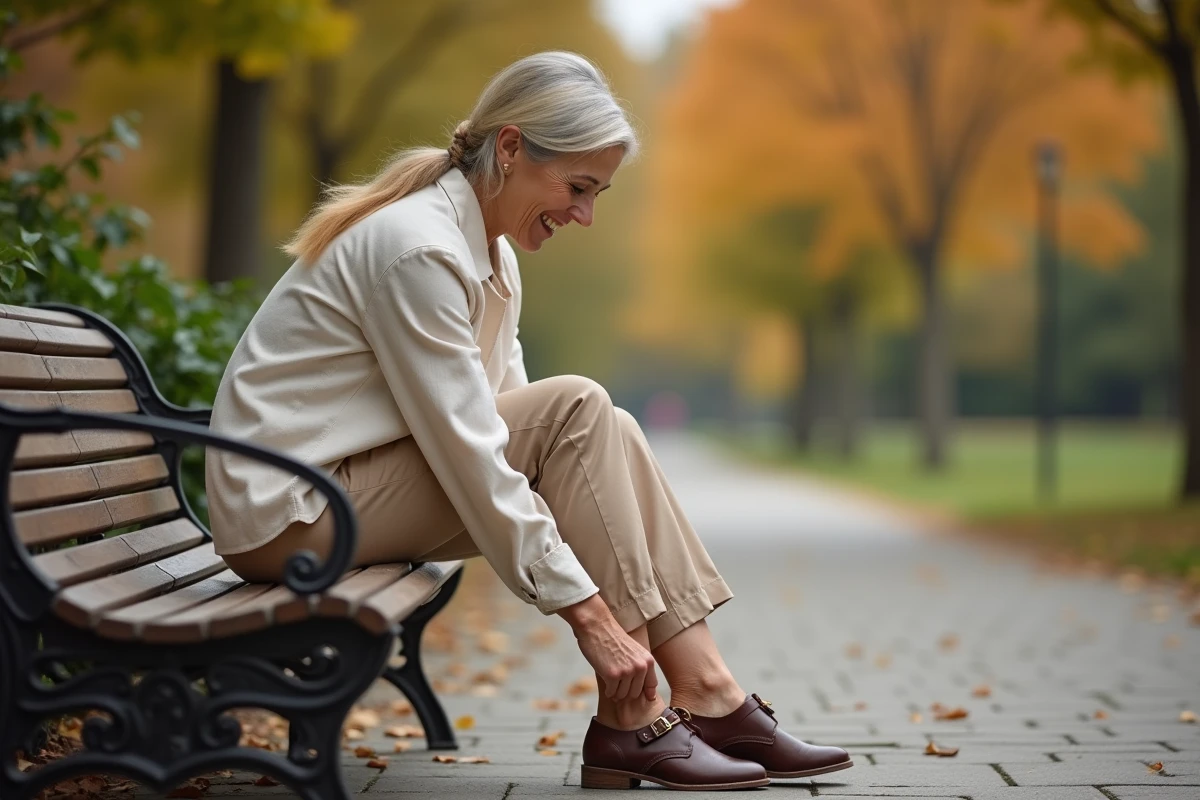 Femme essayant des chaussures Arche confortables sur un banc en plein air lors d'une session shopping déstockage