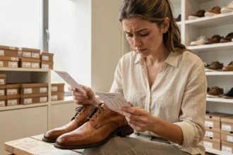 Femme examinant l'étiquette de pointure UK à l'intérieur d'une chaussure en cuir dans une boutique minimaliste