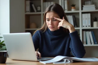 Femme frustrée devant un ordinateur portable affichant une page d'erreur du site monespacehabillement