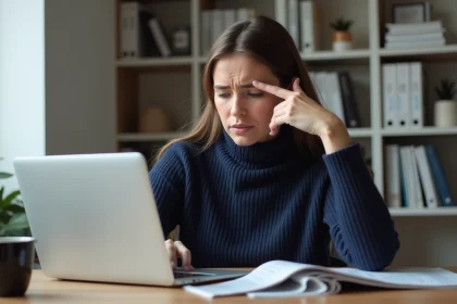Femme frustrée devant un ordinateur portable affichant une page d'erreur du site monespacehabillement