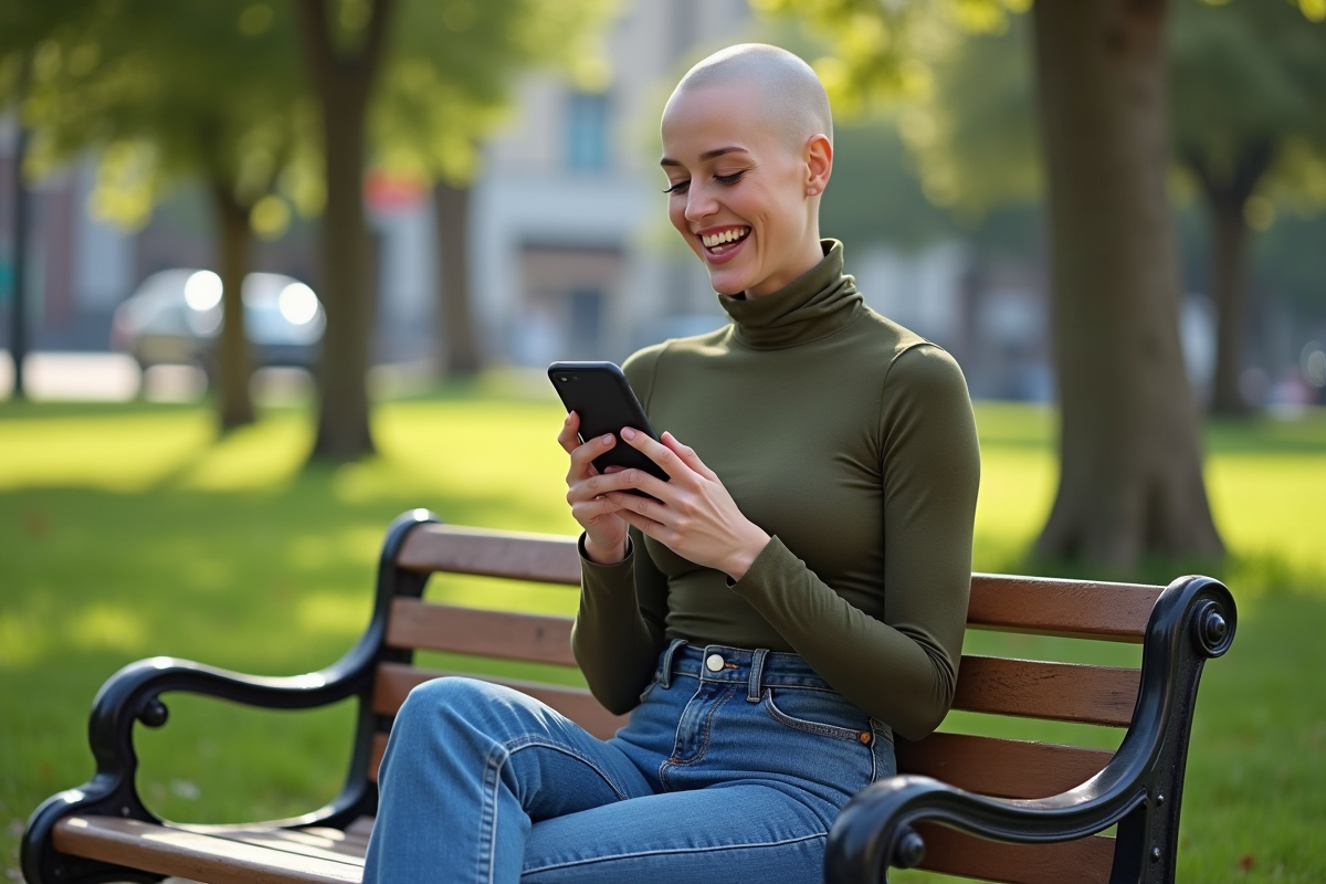 Jeune femme souriante en turtleneck dans un parc urbain