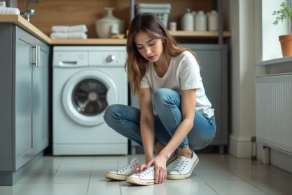 Jeune femme nettoyant des sneakers blanches dans une buanderie