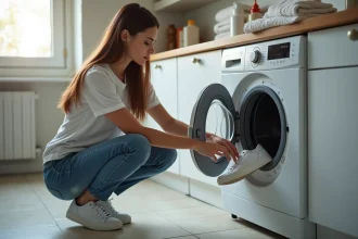 Femme ployant sneakers blanches dans la machine à laver