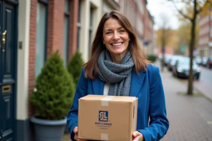 Femme souriante avec colis devant sa porte en Belgique
