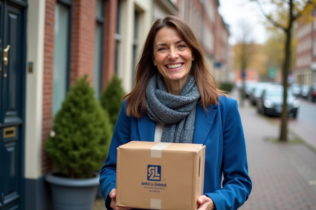 Femme souriante avec colis devant sa porte en Belgique