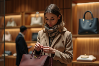 Femme élégante inspectant un sac de luxe dans une boutique