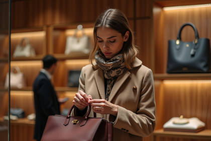 Femme élégante inspectant un sac de luxe dans une boutique