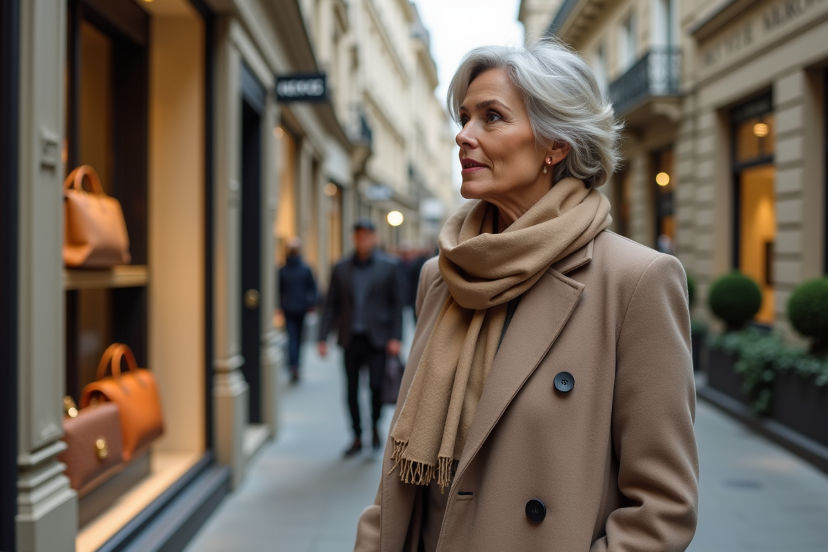 Femme élégante dans une rue chic avec boutiques haut de gamme