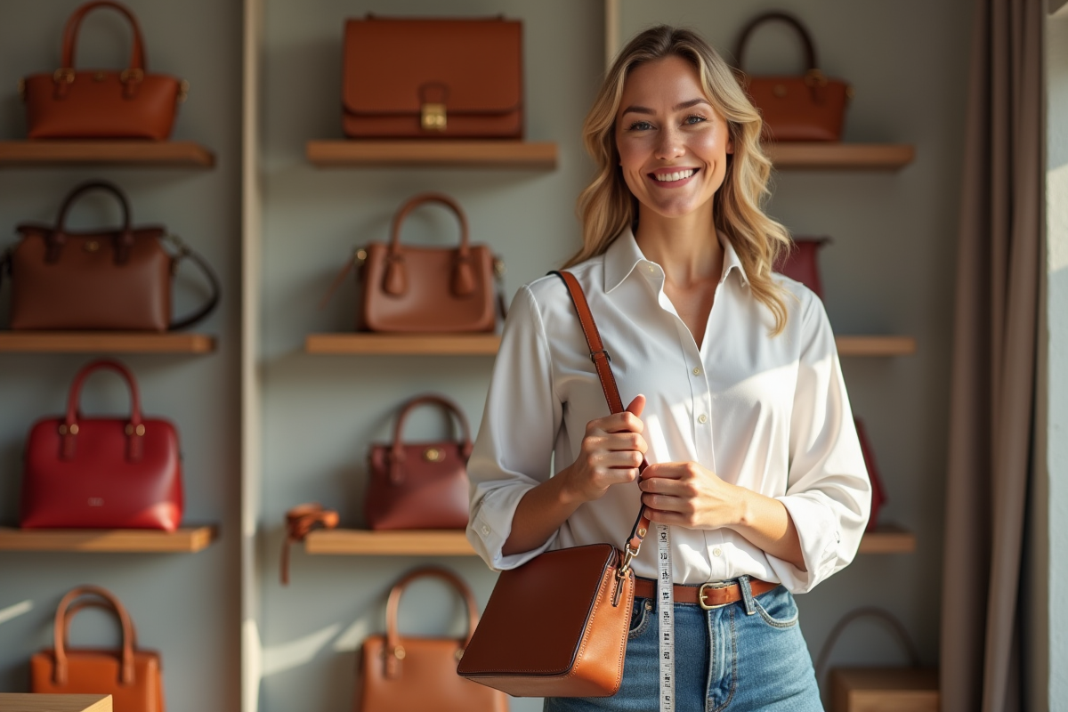 Femme mesurant un sac à main en boutique lumineuse