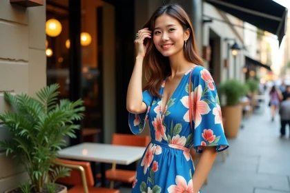 Femme en robe midi florale dans un café urbain