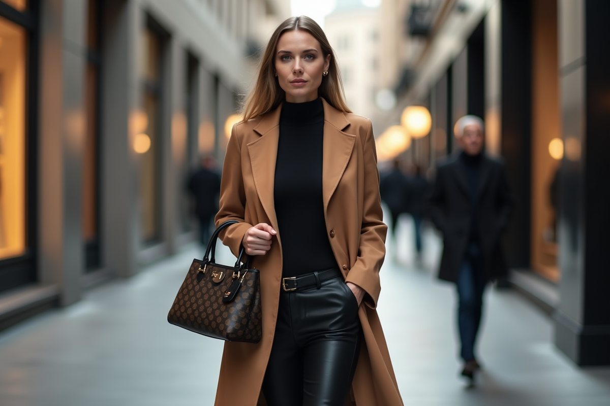 Femme élégante en manteau camel dans une rue chic