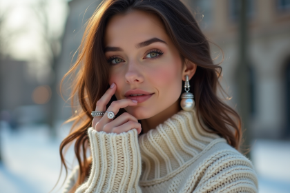 Femme élégante portant bijoux d'hiver modernes et chics