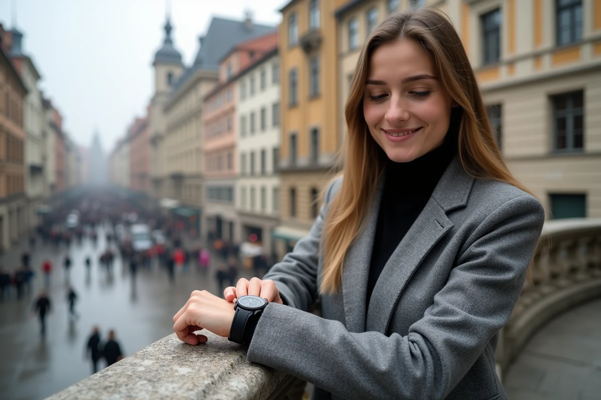 Jeune femme regardant sa montre dans la ville