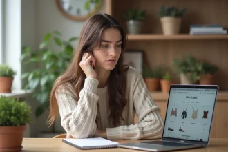 Jeune femme en cuisine regardant son ordinateur portable