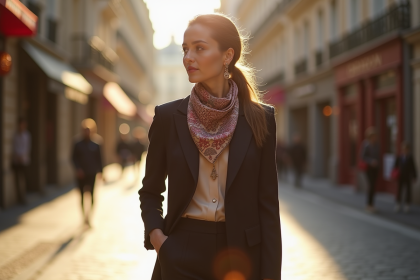 Femme élégante portant un foulard en silk à Paris