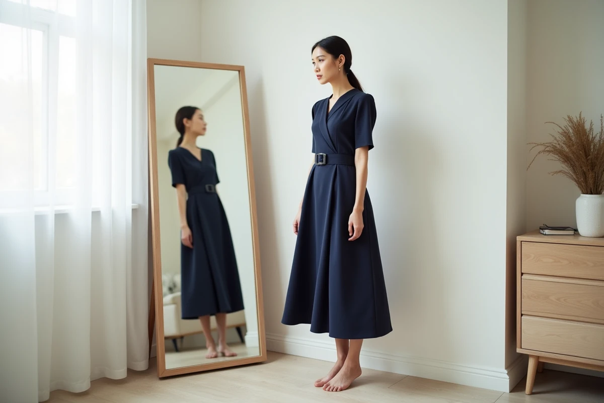 Femme petite morphologie essayant une robe IKKS trop longue devant un miroir