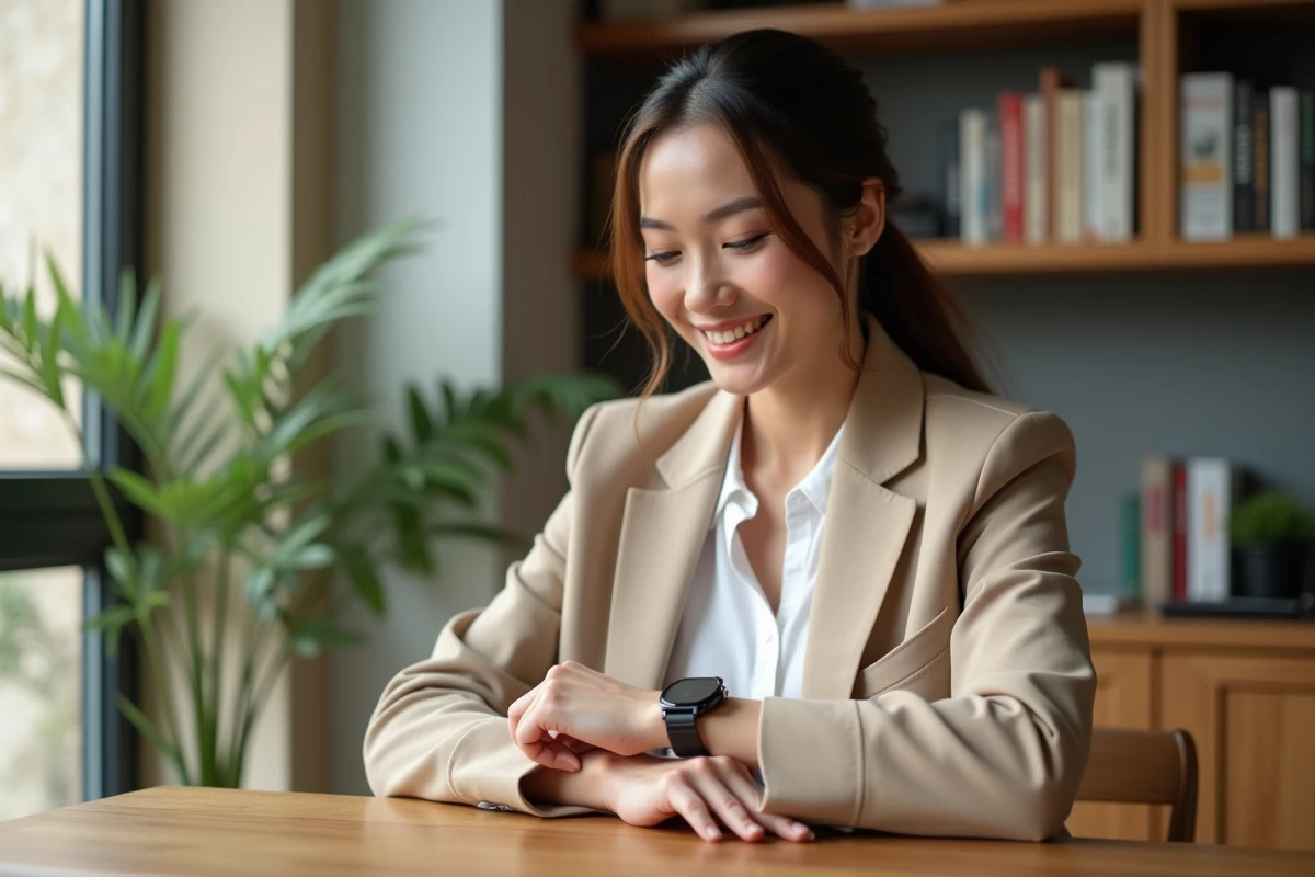 Jeune femme ajustant sa montre dans un appartement lumineux