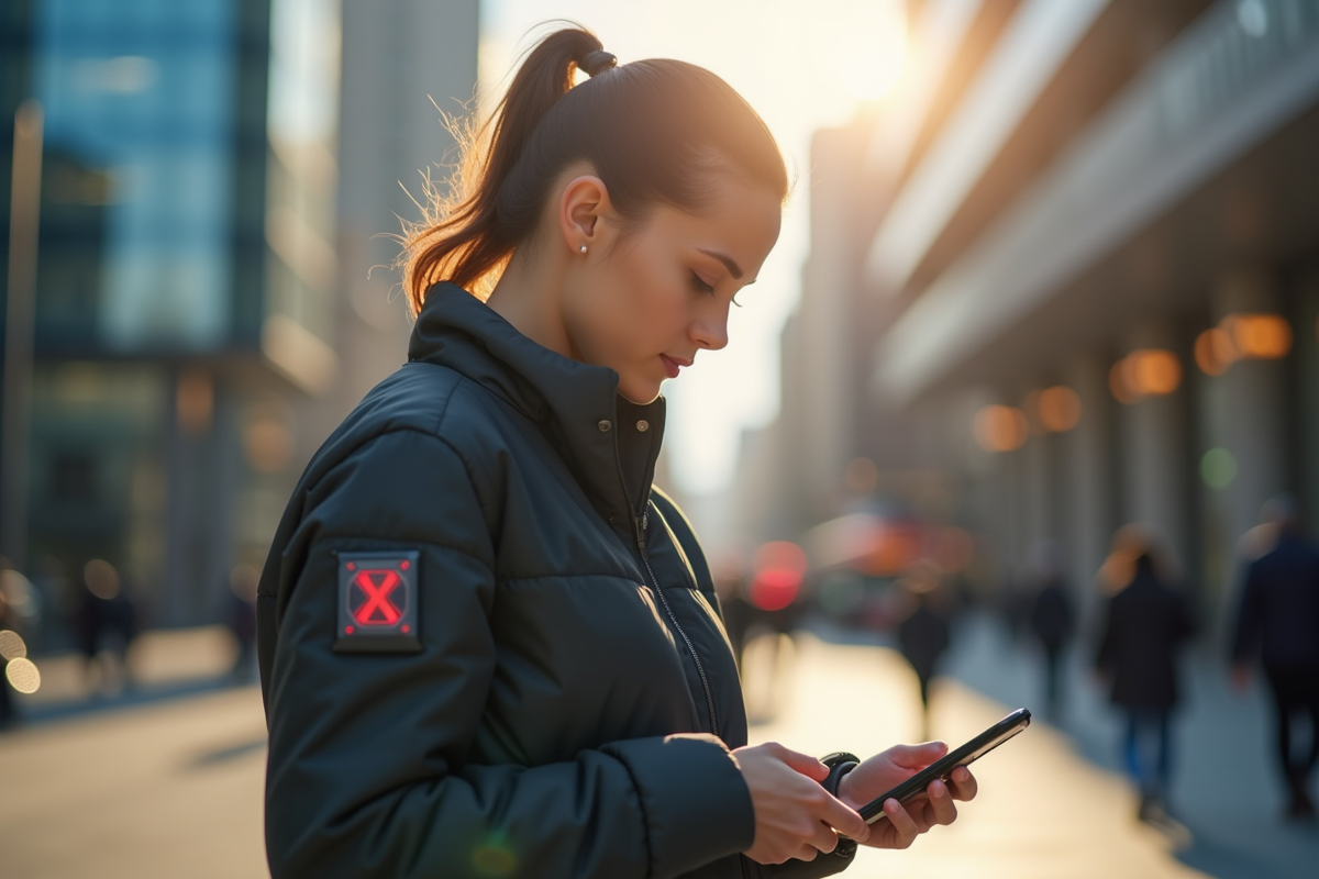 Femme professionnelle urbaine portant une veste connectée avec LED