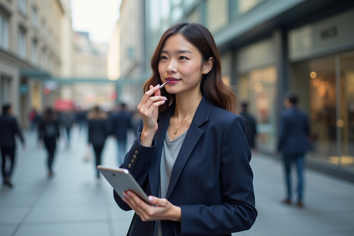 Jeune femme en blazer mauve dans la ville