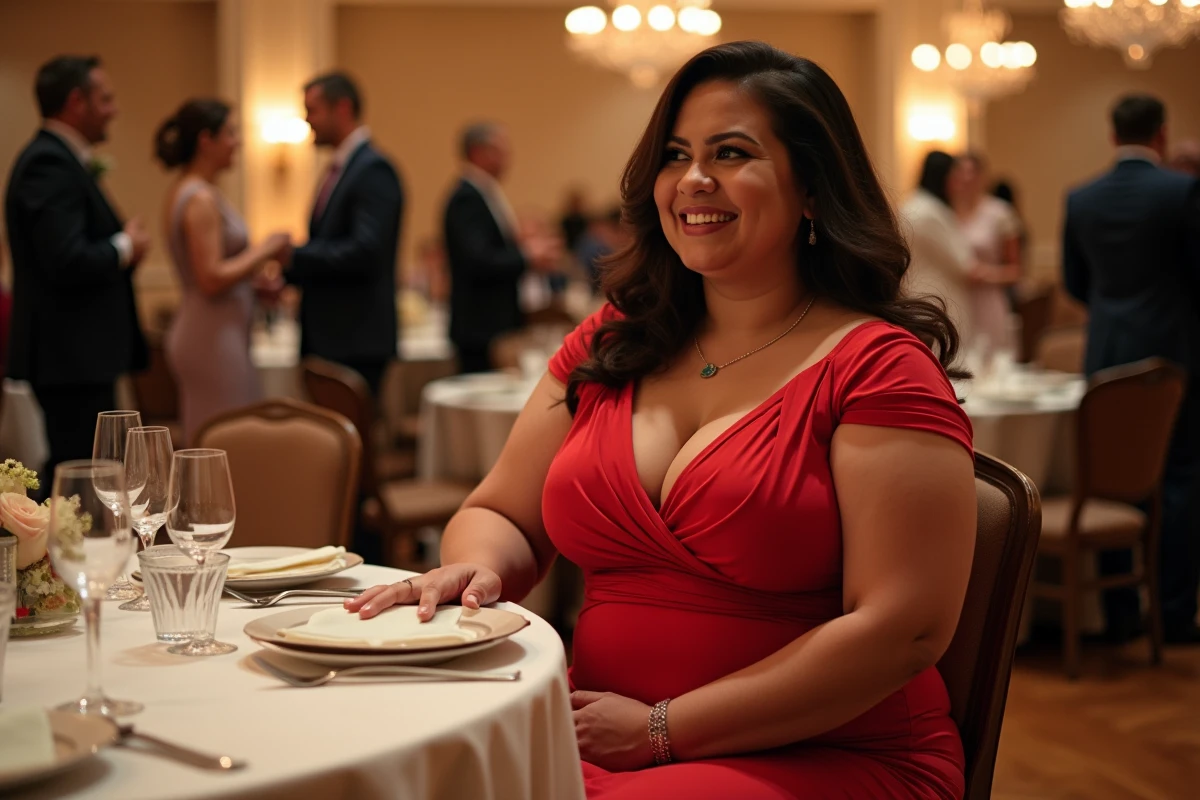 Femme plussize souriante en robe moulante lors d