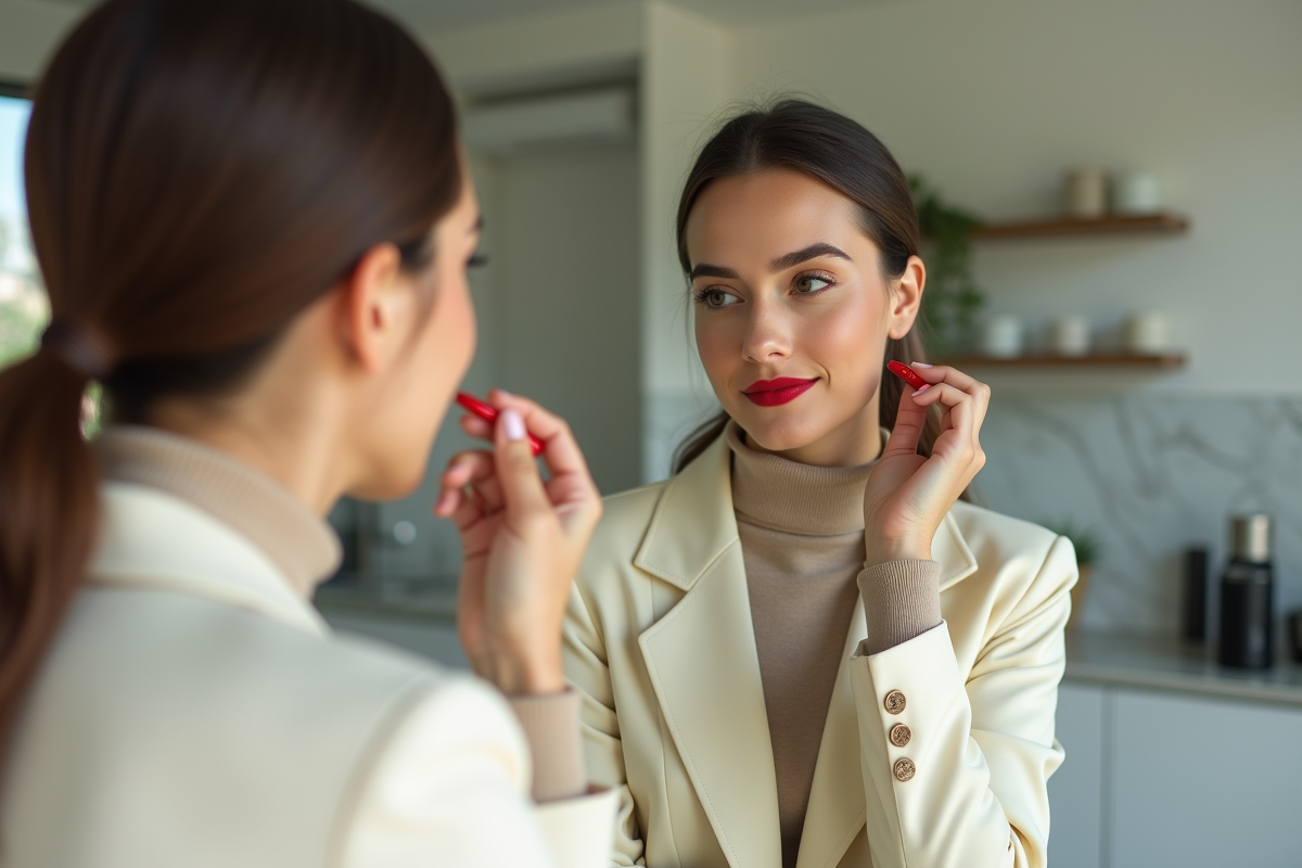Femme appliquant rouge à lèvres rouge dans un appartement lumineux