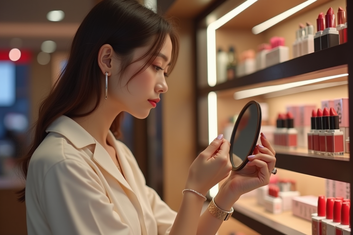 Femme testant différentes teintes de rouge à lèvres en magasin