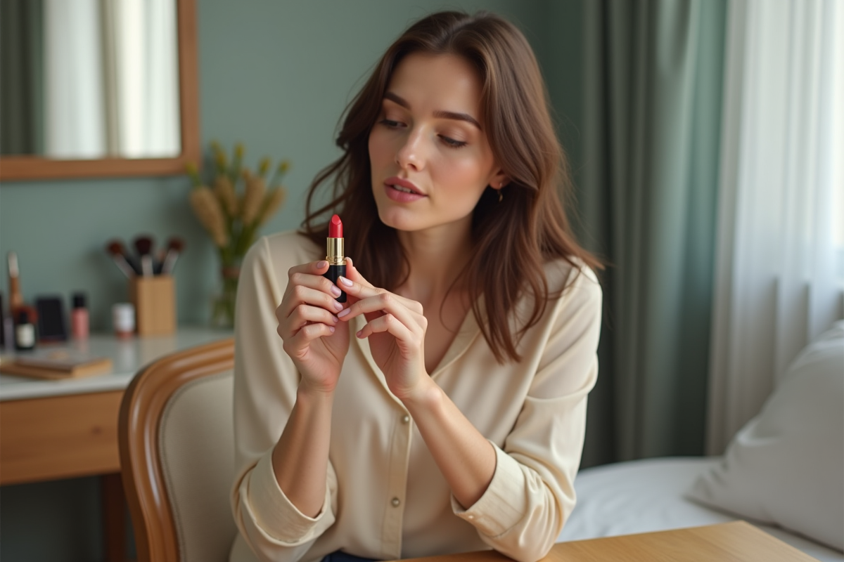 Femme brunette examine un rouge à lèvres dans un cadre intime