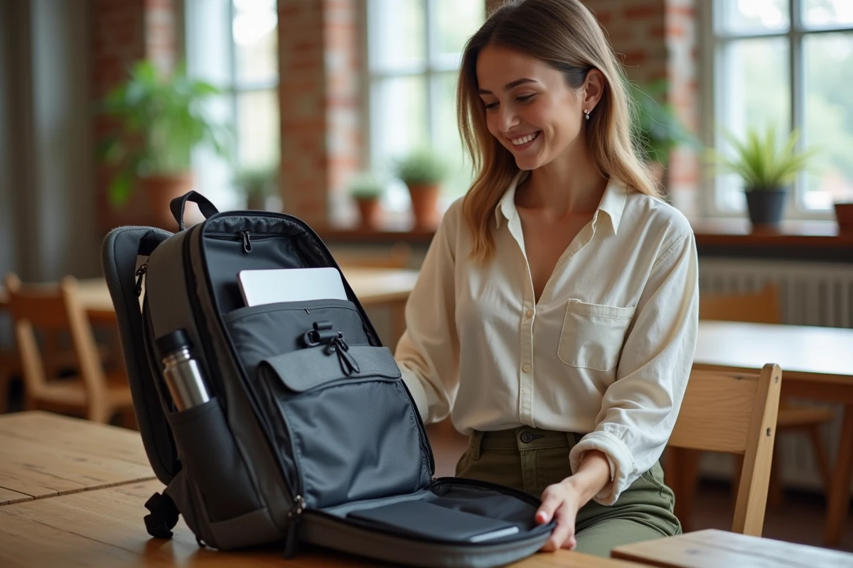 Femme organisant son sac à dos léger pour ordinateur portable dans un espace de coworking