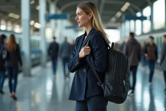 Femme portant un sac à dos ordinateur portable anti-vol dans une gare urbaine moderne