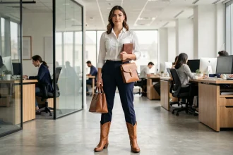 Femme professionnelle portant des santiags en cuir tan avec un pantalon tailleur marine dans un bureau moderne