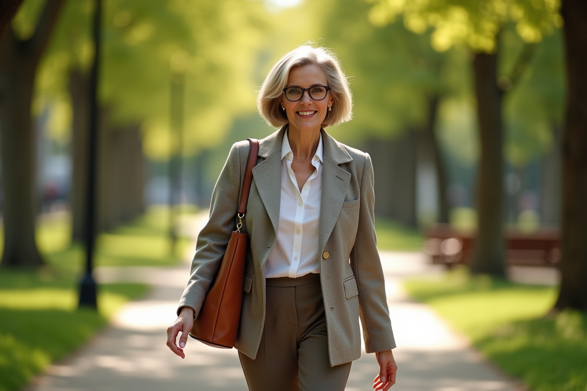 Femme senior élégante marchant dans un parc ensoleille