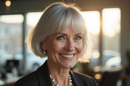 Femme senior souriante dans un salon de coiffure lumineux