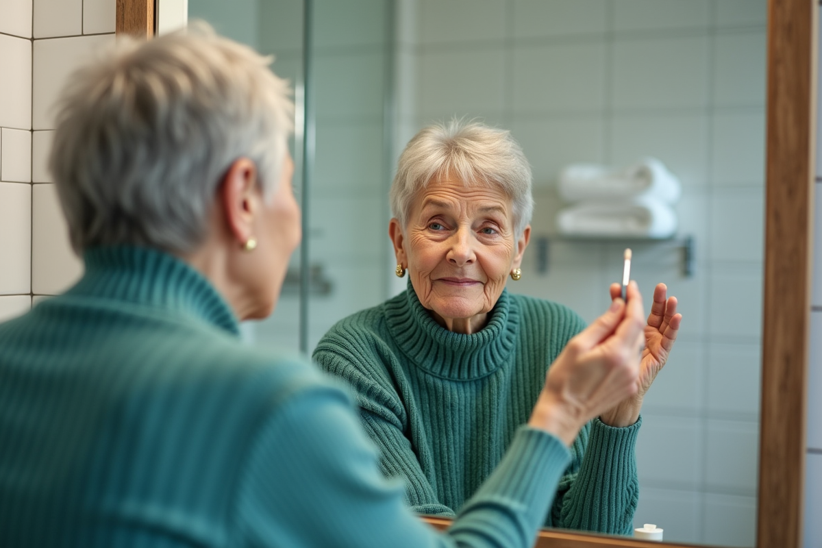 Femme senior en maquillage naturel devant miroir