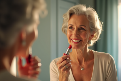 Femme senior souriante appliquant rouge à lèvres rouge