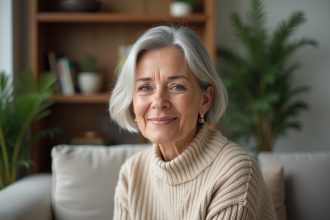 Femme senior souriante avec coiffure moderne dans un salon
