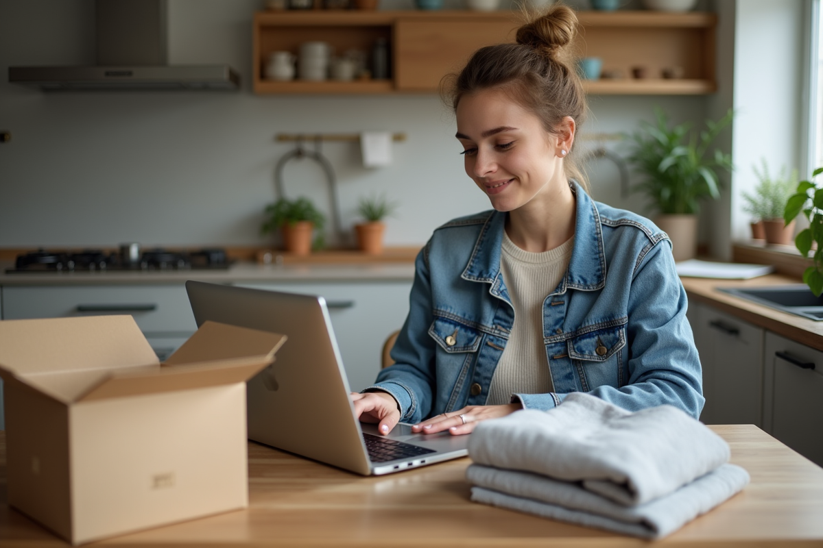 Femme assise à la maison en train de faire du shopping en ligne