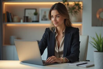 Femme élégante consultant un site web personnel sur son ordinateur portable dans un bureau moderne