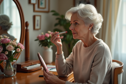Femme élégante appliquant du rouge à lèvres dans un miroir