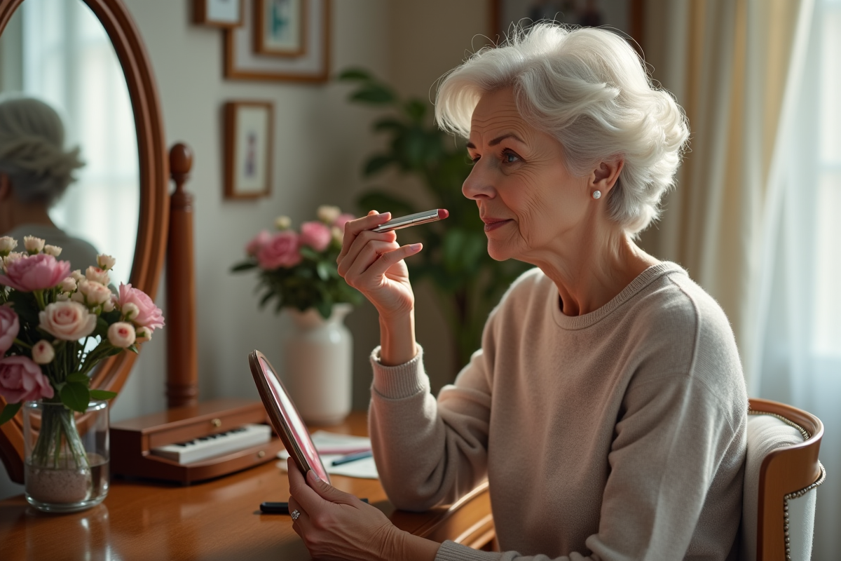 Femme élégante appliquant du rouge à lèvres dans un miroir